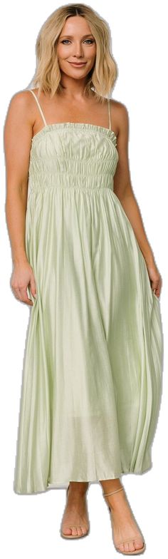 Hattie Maxi Dress | Light Sage - Baltic Born Spring Strapless Dress With Pleated Skirt, Summer Satin Tiered Skirt, Satin Pleated Skirt Dress For Summer, Spring Satin Skirt With Ruffles, Green Sleeveless Dress With Elastic Waistband, Ruched Green Skirt For Summer, Green Ruched Skirt For Summer, Summer Dress With Lined Skirt, Lined Skirt Dress For Summer