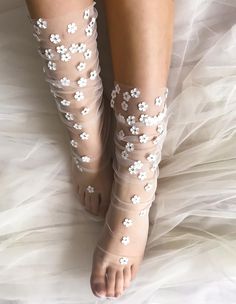 Vision In White Tulle Socks Floral Embellished Tulle Socks | Etsy Hosiery Dress, Sheer Gloves, Tulle Socks, Fancy Socks, Tulle Gloves, Glitter Socks, Ren Fest, Floral Bustier, Mesh Socks