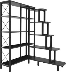 a black shelf with shelves on each side