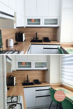 two pictures of a kitchen with white cabinets and wood counter tops, one has a green chair in front of it