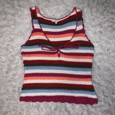 Like-New Never Worn Size M Cute For Spring Casual Multicolor Crochet V-neck Top, Y2k Knit Crew Neck Top, Y2k Striped Tops For Spring, Striped Y2k Tops For Spring, Y2k Ribbed Tops For Spring, Y2k Style Ribbed Tank Top For Summer, Striped Knit Tops For Vacation, Cute White Knit Top, Multicolor Knit Casual Tops