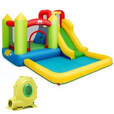 an inflatable bounce house and blow up slide