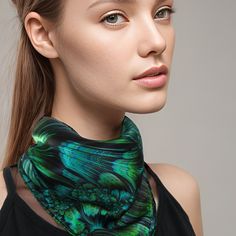 "This flirty little 16\" mini scarf is just big enough to add a sophisticated accent to your outfit without bulk. \"Reaction\" is a Fractal design in brilliant green.  Bright colors in art-to-wear on very high quality silk satin tiny scarf with a hand-rolled hem.  * Digitally printed original design * 100% silk satin * Approx. 16\" square * Hand-rolled hem * Dry clean or hand wash in cold water * Ironing OK. Use of press cloth recommended. * Arrives packed in an elegant gift-box IMPORTANT SIZING Elegant Green Scarves As Gifts, Elegant Green Scarves For Gifts, Trendy Green Scarves As Gift, Trendy Green Scarves For Gift, Trendy Green Scarves For Gifts, Trendy Green Scarf For Gift, Elegant Green Scarf As Gift, Trendy Green Silk Scarf Gift, Elegant Green Scarves For Party