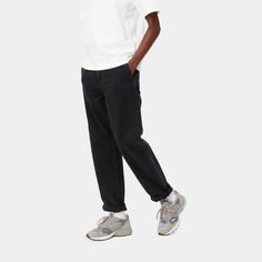 Color: Black (stone washed) - The Women’s Pierce Pant is constructed from our 'maverick' blue denim, which is simultaneously robust and comfortable. This garment is based on a classic work pant, complete with utilitarian pocket detailing. Features subtle Carhartt WIP label detailing on the rear right pocket and contrast stitching.  
\ 100% Cotton 'Maverick' Denim, 10.5 oz 
\ regular waist 
\ fits true to size 
\ contrast stitching 
\ bartack stitching at vital stress points 
\ tool pockets and h Dark Wash Streetwear Pants, Urban Relaxed Fit Rigid Denim Jeans, Urban Relaxed Fit Jeans In Rigid Denim, Streetwear Rigid Denim Pants With Straight Hem, Rigid Denim Pants For Streetwear With Straight Hem, Rigid Denim Pants For Streetwear, Straight Hem Rigid Denim Pants For Streetwear, Casual Washed Black Rigid Denim Jeans, Urban Rigid Denim Pants With Relaxed Fit