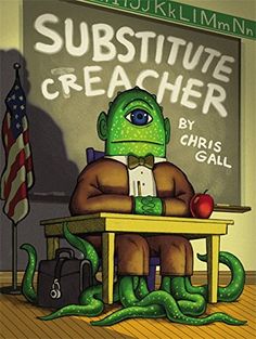 a cartoon character sitting at a desk with an apple in front of him and the words substitue creacher written on it