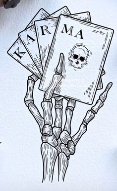 a drawing of a skeleton holding a book with the word karma on it's cover