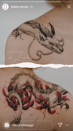 two pictures of the same tattoo on someone's shoulder and arm, one with a dragon