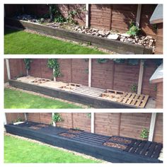 three different views of an outdoor garden with wooden pallets and raised planter boxes