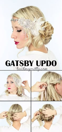 Gatsby Updo, Sanggul Cepol, Gatsby Hairstyles, Great Gatsby Hairstyles, Flapper Girl Costumes, 20s Hair, Flapper Hair, Gatsby Hair, Flapper Girls