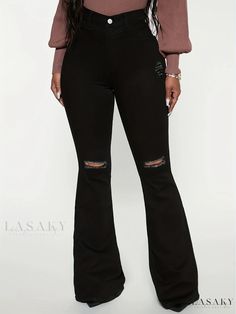 Lasaky - Womens High Waist Distressed Black Flared Jeans - Ripped Bottom, Bell Bottom Design - Premium Denim Pants for Fashion-conscious Individuals Fall Fitted Ripped Flare Jeans, Stretch Pants With Frayed Hem For Fall, Ripped Fitted Bottoms For Fall, Black Ripped Flare Jeans For Fall, Edgy Ripped Bottoms For Fall, Fall Black Ripped Flare Jeans, Non-stretch Ripped Jeans For Fall, Stretch Distressed Bottoms For Fall, Edgy Pants With Frayed Hem For Fall