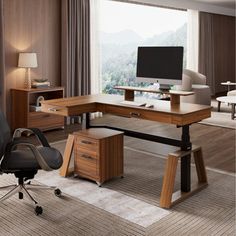 an office with a desk, chair and computer monitor on the table in front of a large window