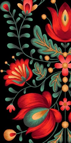 an embroidered design with red flowers and green leaves on a black background by corbe