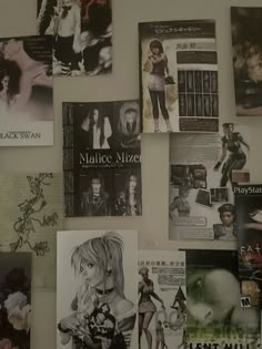 the wall is covered with many different pictures and posters, including women's magazines