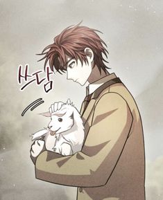 an anime character holding a white animal in his hand and the caption says hello