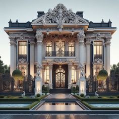 an ornately designed house with large columns and windows