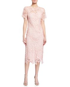 Shoshanna Floral Lace Short-Sleeve Midi Dress | Neiman Marcus Chiffon Drape Dress, Floral Lace Shorts, Designer Cocktail Dress, Bride Groom Dress, What Should I Wear, Illusion Dress, Lace Sheath Dress, Tea Length Dresses, Midi Short Sleeve Dress