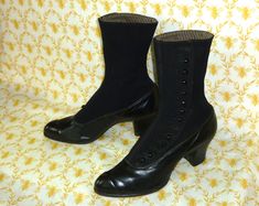 "One pair of Antique Victorian/Edwardian Titanic era Leather womans Shoes, Button Boots. The boots are a black leather, with a fabric upper (wool-silk blend?).  They button up the side-all buttons appear to be original made of black glass.  The boots are marked-I cannot make out the maker.  Bottom soles are leather, and do show some light wear.    They are in very nice vintage condition-light scuffing due to age and storage-there is one missing button on the right boot, there are 3 missing on th Victorian Boots For Formal Fall Occasions, Victorian Black Boots With Round Toe, Black Victorian Boots With Round Toe, Victorian Black Boots For Formal Occasions, Black Victorian Boots For Formal Occasions, Karen Dalton, Boots Victorian, Making Buttons, Button Boots