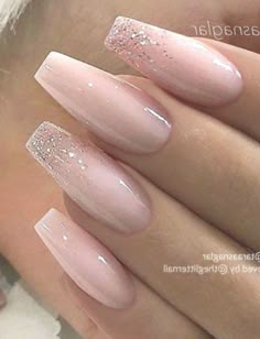 Bridesmaids Acrylic Nails, Ballerina Nails Designs Ideas Classy, Nail Art Ballerina, Ivory Nails Wedding, Blush Pink Acrylic Nails Glitter, Pink Ombre Nails Coffin Glitter, Elegant Acrylic Nails, Elegant Nude Nails, Pink Ballerina Nails