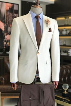 Elegant Beige Tuxedo With Notch Lapel, Elegant Beige Tuxedo For Formal Occasions, Beige Single Breasted Tuxedo For Formal Occasions, Elegant Beige Formal Tuxedo, Beige Single-breasted Tuxedo For Formal Occasions, Luxury Beige Tuxedo For Business, Luxury Beige Business Tuxedo, Cream Tuxedo Suit With Notch Lapel, Fitted Cream Tuxedo For Business