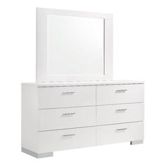 a white dresser and mirror against a white background