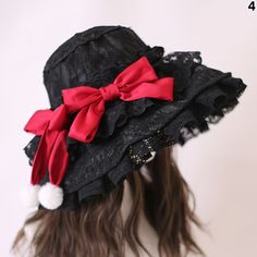 The price is for a hat only, others are not included.  The hat is black. Color options are the colors of the bowknots on the hat. Black Wide Brim Hat, Beige Hat, Lolita Outfits, Green Bows, Doll Hat, Wide Brimmed Hats, Wide Brimmed, Lolita Fashion, Pink Bow