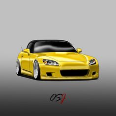 a yellow sports car is shown in this drawing