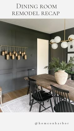 the dining room remodel recap is shown in black and white with gold accents