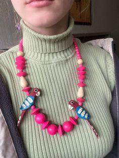 Vintage 1980s hot pink wooden bead bird necklace Pink Wooden Beaded Necklaces For Gifts, Pink Wooden Beads Necklace For Gift, Pink Large Beaded Long Necklace, Pink Long Necklace With Large Beads, Long Pink Necklace With Large Beads, Bird Beads, Bird Necklace, Wooden Bird, Wooden Beads