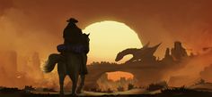 a man riding on the back of a horse in front of a giant orange sun