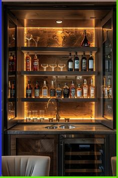 an illuminated bar with bottles and glasses on the shelves, along with a wine glass cabinet