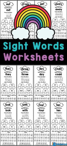 sight words worksheets with rainbows and clouds in the background for sight words