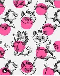 a bunch of pink and white cats with different expressions on them, all in the same pattern