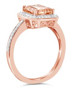 Shiny diamond accents create glittery pathways to the stunning emerald-cut morganite. Rose gold-plated sterling silver ring. Macy's Wedding Jewelry With Halo Design, Macy's Halo Design Wedding Jewelry, Morganite Rings With Halo Design For Formal Occasions, Formal Morganite Rings With Halo Design, Elegant Macy's Jewelry With Center Stone, Macy's Jewelry With Halo Setting For Wedding, Macy's Elegant Round Cut Diamond Ring, Macy's Yellow Gold Wedding Rings, Macy's Jewelry With Pave Setting For Wedding