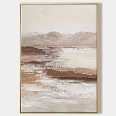 an abstract painting with white and brown colors on the wall above it is a large body of water