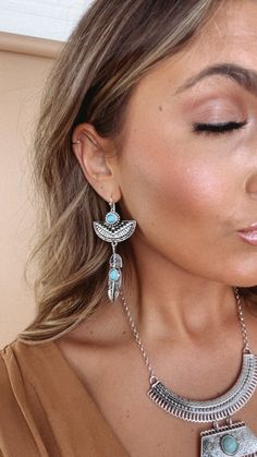 These Havana Turquoise Dangle Earring add just the right amount of western to your everyday outfit! Hook back multi layered Layered Fits, Double Piercing, Chosen Shirt, Turquoise Earrings Dangle, Formal Look, Piercing Ideas, Different Materials, Everyday Outfit, Formal Looks