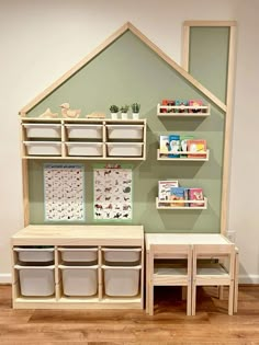 a child's playroom with shelves and bins