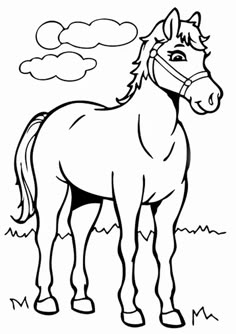 a horse that is standing in the grass with clouds behind it, coloring pages for kids