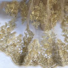 "Elegant corded lace fabric, gold thread embroidered floral pattern tulle fabric, embroidery lace fabric. ◆ Listing is for One Yard. If you purchase more, we'll send the continuously piece to you whenever it's possible. ◆ Measuring is about 51.2\" (130 cm) wide ◆ Color: gold ◆ It can be used for wedding dress, party dress design, illusion dresses, star prom dress, dolls, bridal veil, altered art, couture, costume, jewelry design, pillowcase, home decor and much more! For more quantity, please fe Serenity Aesthetic, Illusion Dresses, Cinderella Ball Gown, Embroidery Leaves, Gold Lace Fabric, Golden Curtains, Simple Gold Band, Lace Fabric Diy, Fabric Wedding Dress