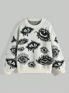 Eyes Pattern Drop Shoulder Sweater Multicolor Casual  Long Sleeve Knitwear Graphic Pullovers Slight Stretch  Women Clothing, size features are:Bust: ,Length: ,Sleeve Length: Mushroom Style Clothes, Eyes Clothes, Eyes On Clothes, Black Pullover, Eye Clothing, Bone Clothing, Graphic Knit Sweater, Grunge Knit Sweater, Leopard Clothes