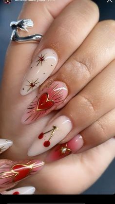 Cool Valentines Day Nails, Valentine Nails Acrylic Almond, Valentines Nail Inspo Red, Valentines Day Nails Pearls, Vday Nails 2024, Valentine Almond Acrylic Nails, Valentines Nail Inspo 2023, Valentine’s Day Nail Almond, Valentines Day Nails Gold