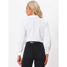 This leotard shirt features a collared neckline, providing a polished and professional look suitable for business casual occasions. Stay stylish and sophisticated with this versatile bodysuit top. This bodysuit top is a versatile wardrobe staple that can be paired with various bottoms, such as skirts, trousers, or jeans. Effortlessly create different looks for both formal and casual occasions. Suit for spring/autumn and many occasions, such as office, shopping, coffee shop, formal wear, etc. Classic Stretch Blouse, Classic Stretch Solid Color Blouse, Semi-formal Fitted Top With Collared Neckline, Elegant Stretch Shirt For Office Wear, Chic Fitted Business Tops, Chic Fitted Tops For Business, Formal Fitted Shirt With Back Button Closure, Classic Formal Stretch Tops, Classic Stretch Tops For Work