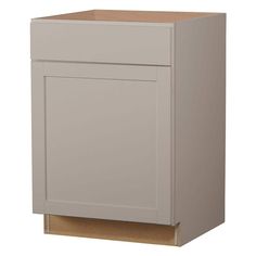 a white cabinet with an open drawer on the bottom and one door in the middle