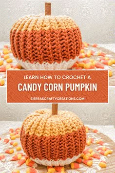 a crocheted candy corn pumpkin sitting on top of a table