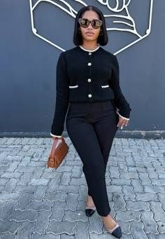 Cute Corporate Outfits Black Women, Expensive Fashion Outfits, Office Wear For Black Women, Cropped Cardigan Outfit Work, Cardigan Corporate Outfit, Business Owner Outfits Women, Steak House Date Night Outfit, Formal Cardigan Outfit, Winter Work Outfit Black Women