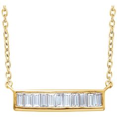 Our Baguette diamond necklace is lovely, feminine, modern and timeless in style. Diamond bar necklace in 14k Gold is a horizontal bar necklace style. I love the clean design and simple style! Sometimes simple is the best! The horizontal bar necklace holds diamond baguette cuts in either 1/4 or 1/2 carat diamond weight. While this is a stand-alone necklace, it is certainly an elegant layering necklace, which will be the anchor piece & work well with today's layering of multiple necklace's style, Baguette Diamond Necklace, Horizontal Bar Necklace, Diamond Bar Necklace, Bracelet Size Chart, Diamond Baguette, Colorless Diamond, Friend Necklaces, Diamond Bar, Baguette Cut Diamond