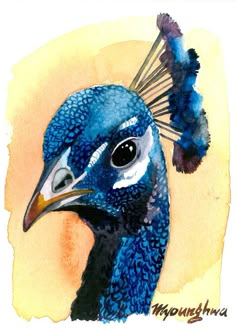 a watercolor painting of a blue bird with feathers on it's head and eyes