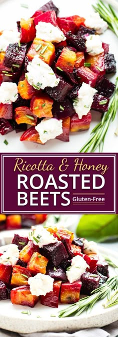 roasted beets with feta cheese and rosemary on top are served on a white plate