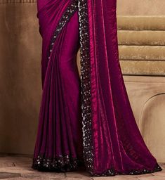 COLOR : Burgundy Wine FABRIC : Saree - Fancy Silk, Blouse - Fancy Silk & Net WORK : Resham Embroidery, Stones, Sequins, Lace BorderOCCASION : Wedding, Engagement, Party Wear, Festival, Sangeet NOTE : The outfit includes blouse and saree only. Petticoat is not included. READY-TO-WEAR : No STITCHING : Available as semi-stitched fabric, can be stitched using standard size option (+$30). Note: There might be a slight color variation due to lighting and flash used during photoshoot. The bright shade seen is the best closer view of fabric's color. Elegant Purple Chinon Blouse Piece, Party Blouse Piece In Purple Art Silk, Purple Self Design Saree For Reception, Party Art Silk Blouse Piece In Purple, Party Purple Art Silk Blouse Piece, Purple Fitted Saree For Party Wear, Party Dola Silk Embroidered Saree, Party Traditional Wear In Dola Silk With Self Design, Festive Purple Chinon Blouse Piece