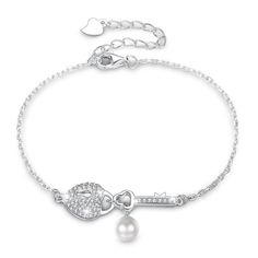 Madge Pure Silver Heart Key Chain Zircon Pearl Bracelet - Hot fashionista Elegant Adjustable Alloy Heart Bracelet, Elegant Heart Bracelet With Charms, Elegant Metal Chain Bracelet For Valentine's Day, Elegant Metal Chain Bracelet With Heart Charm, Elegant Alloy Heart Bracelet, Elegant Sterling Silver Key Jewelry, Elegant Metal Bracelets With Heart Charm, Elegant Metal Heart Charm Bracelet, Elegant Charm Bracelet With Lobster Clasp For Valentine's Day