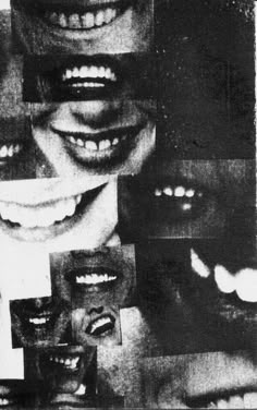 black and white collage of teeth with different shapes, sizes and colors on them